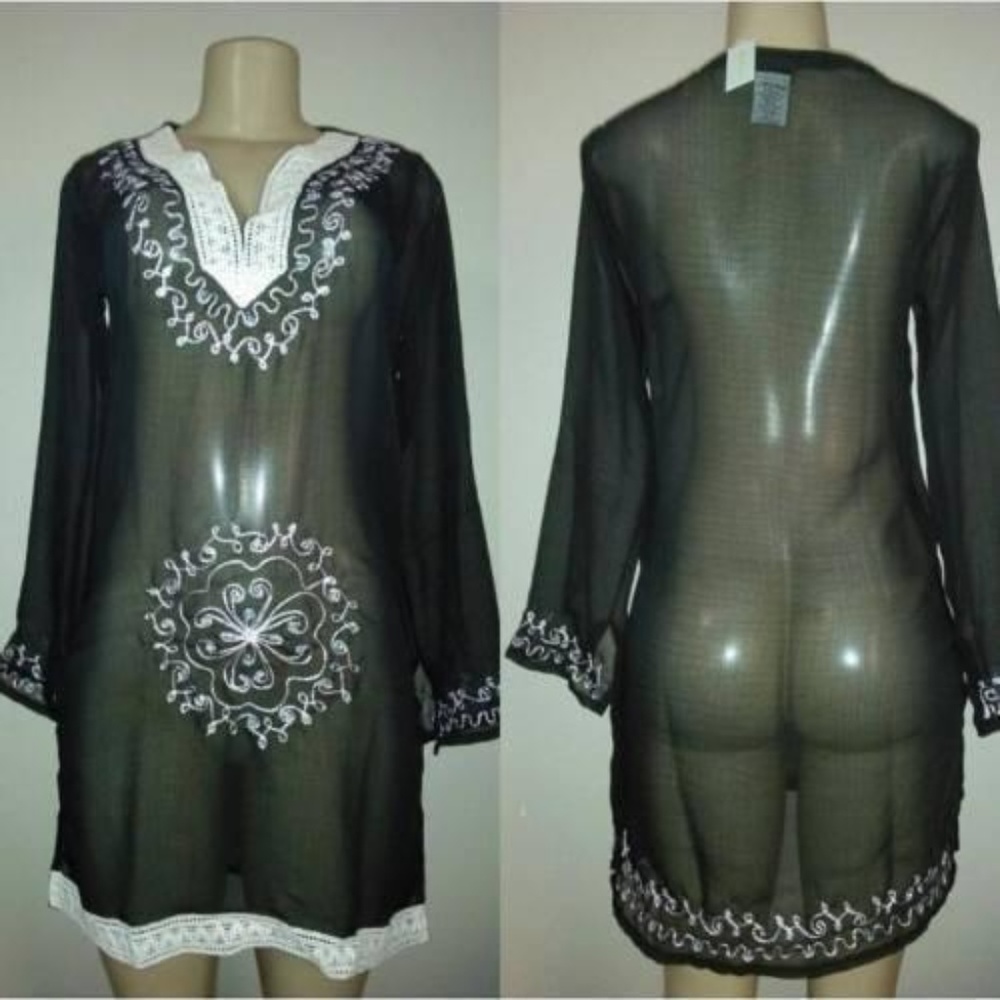 Embroidered V Neck Tunic Cover Up